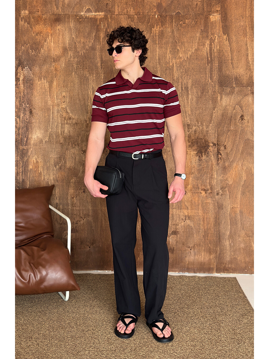 Bordo Erkek Polo Yaka Çizgili Triko T-shirt-4