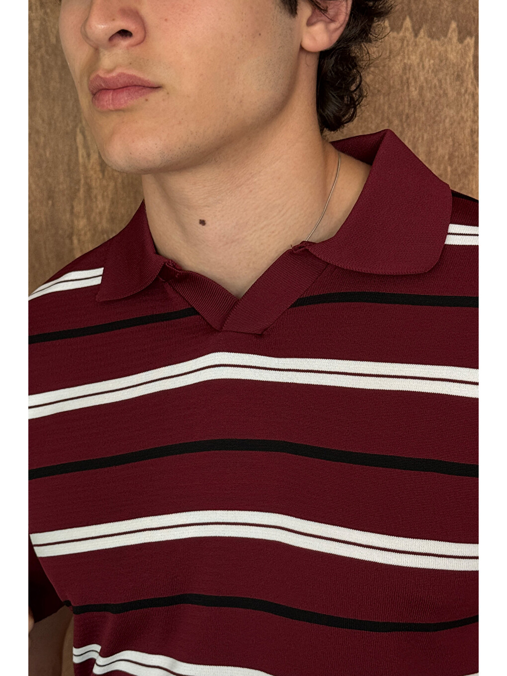 Bordo Erkek Polo Yaka Çizgili Triko T-shirt-5