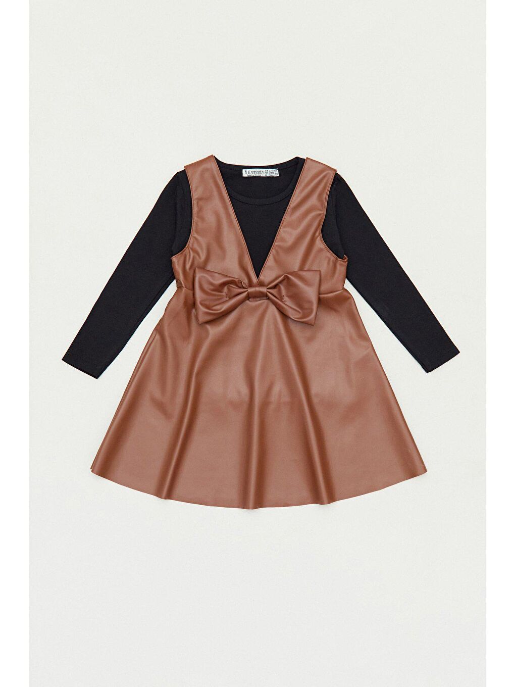 Kahverengi Suni Deri Fiyonk Detaylı  Kız Çocuk Elbise Takım