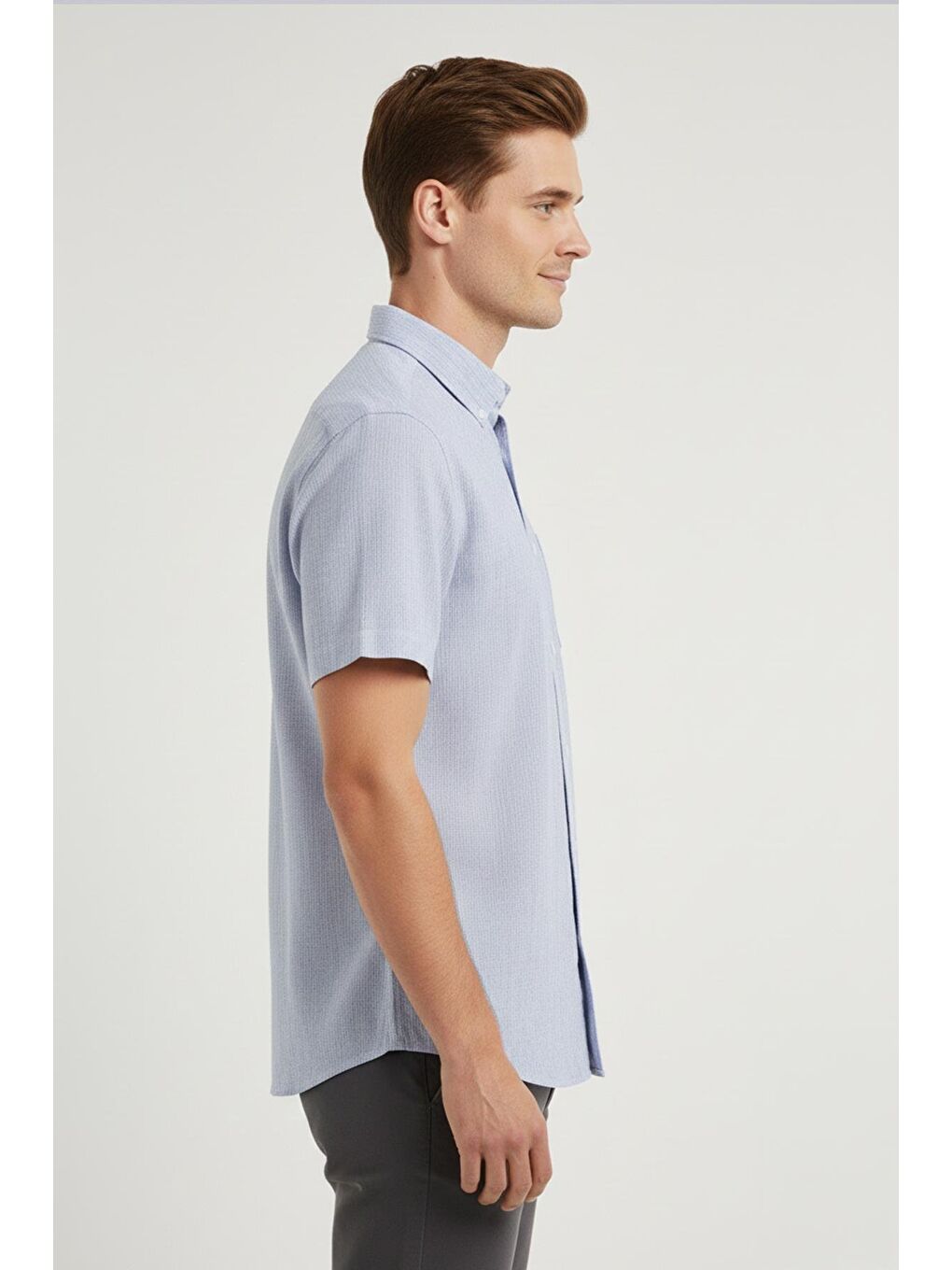 Erkek Gri Kısa Kollu Çizgili Pamuk Gömlek – Düğmeli Yaka, Regular Fit-3