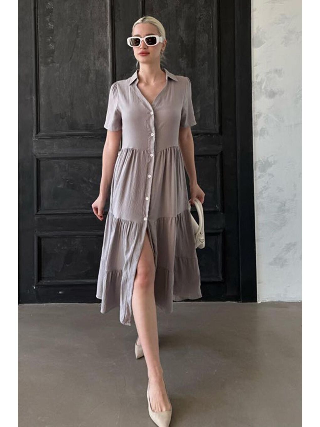 Gri Gömlek Yaka Uzun Elbise Mg1853-1
