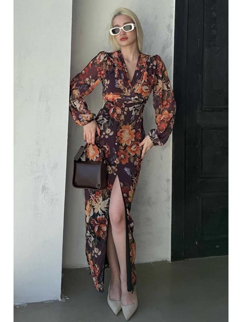 Kahverengi Çiçekli Düğme Detaylı Kadın Elbise Mg2314-2