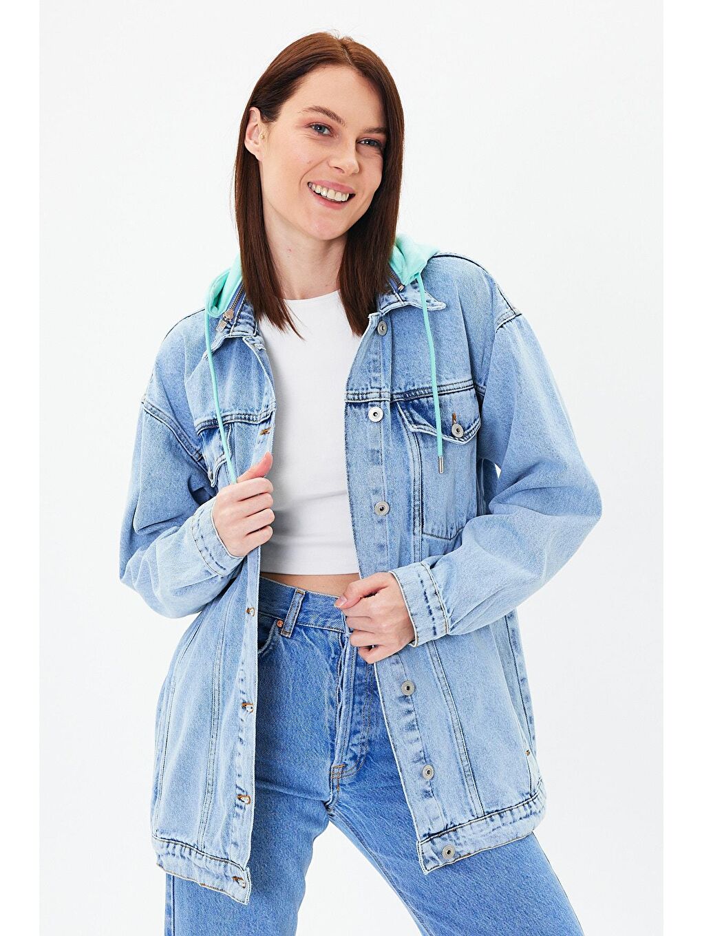 Explode Mavi Kadın Mavi Kapşonlu Oversize Denim Ceket - 2