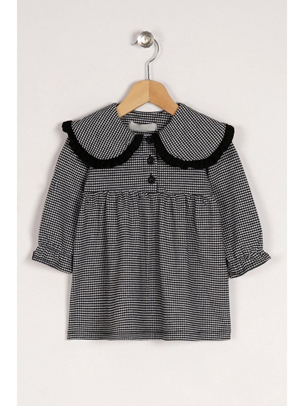 Bebe Yaka Uzun Kol Pötikareli Düğmeli Siyah Renk Kız Çocuk Elbise