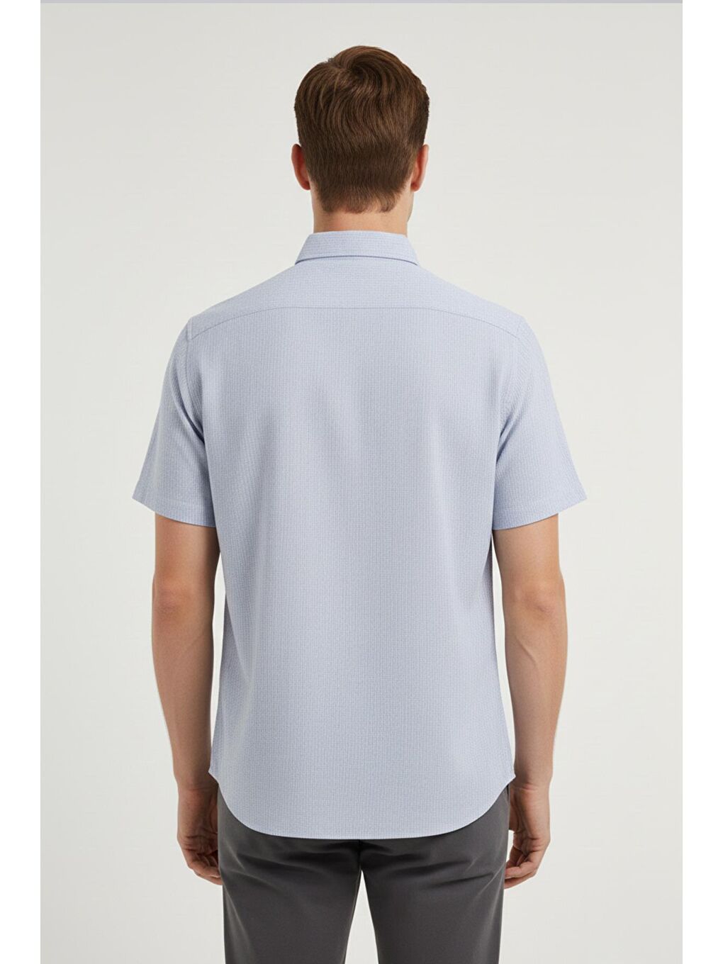 Erkek Gri Kısa Kollu Çizgili Pamuk Gömlek – Düğmeli Yaka, Regular Fit-4