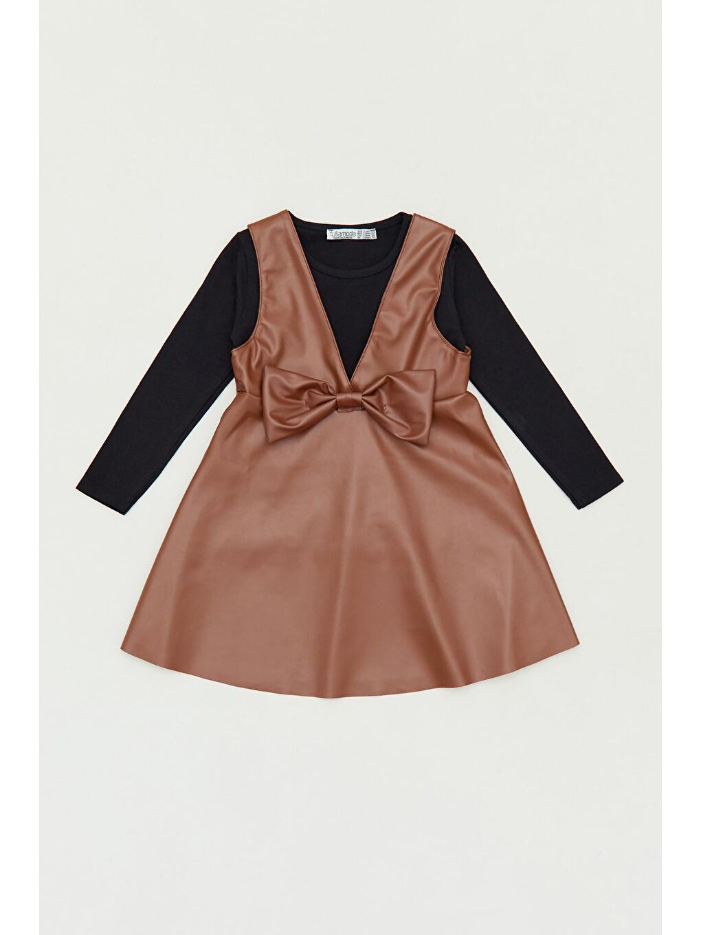 Kahverengi Suni Deri Fiyonk Detaylı  Kız Çocuk Elbise Takım-1