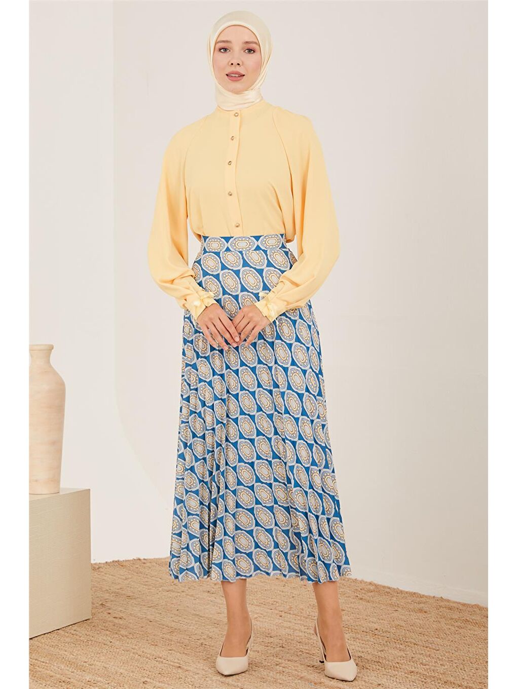Sarı Desenli Ve Piliseli Etek 23Y1428-1