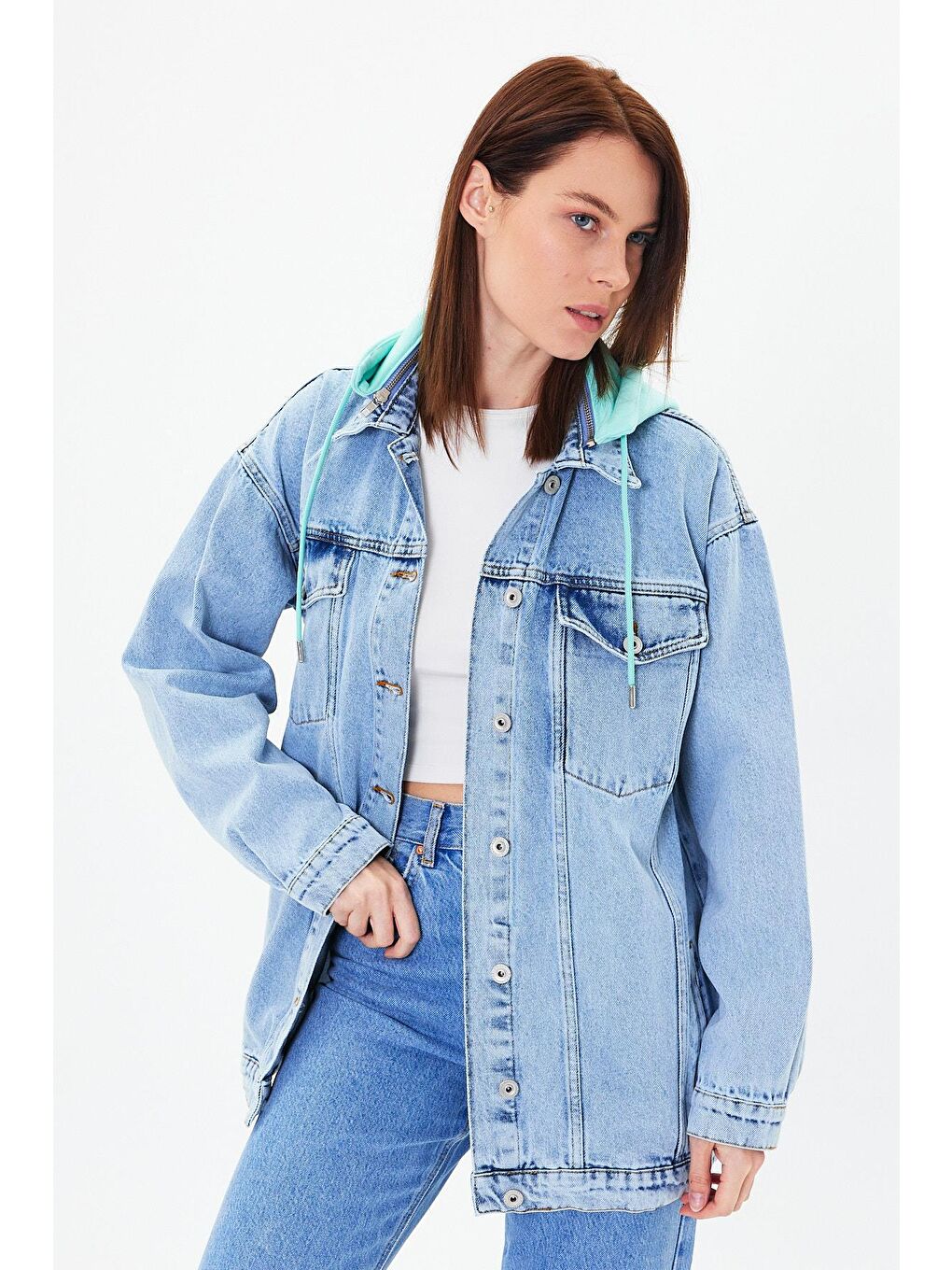 Explode Mavi Kadın Mavi Kapşonlu Oversize Denim Ceket - 3