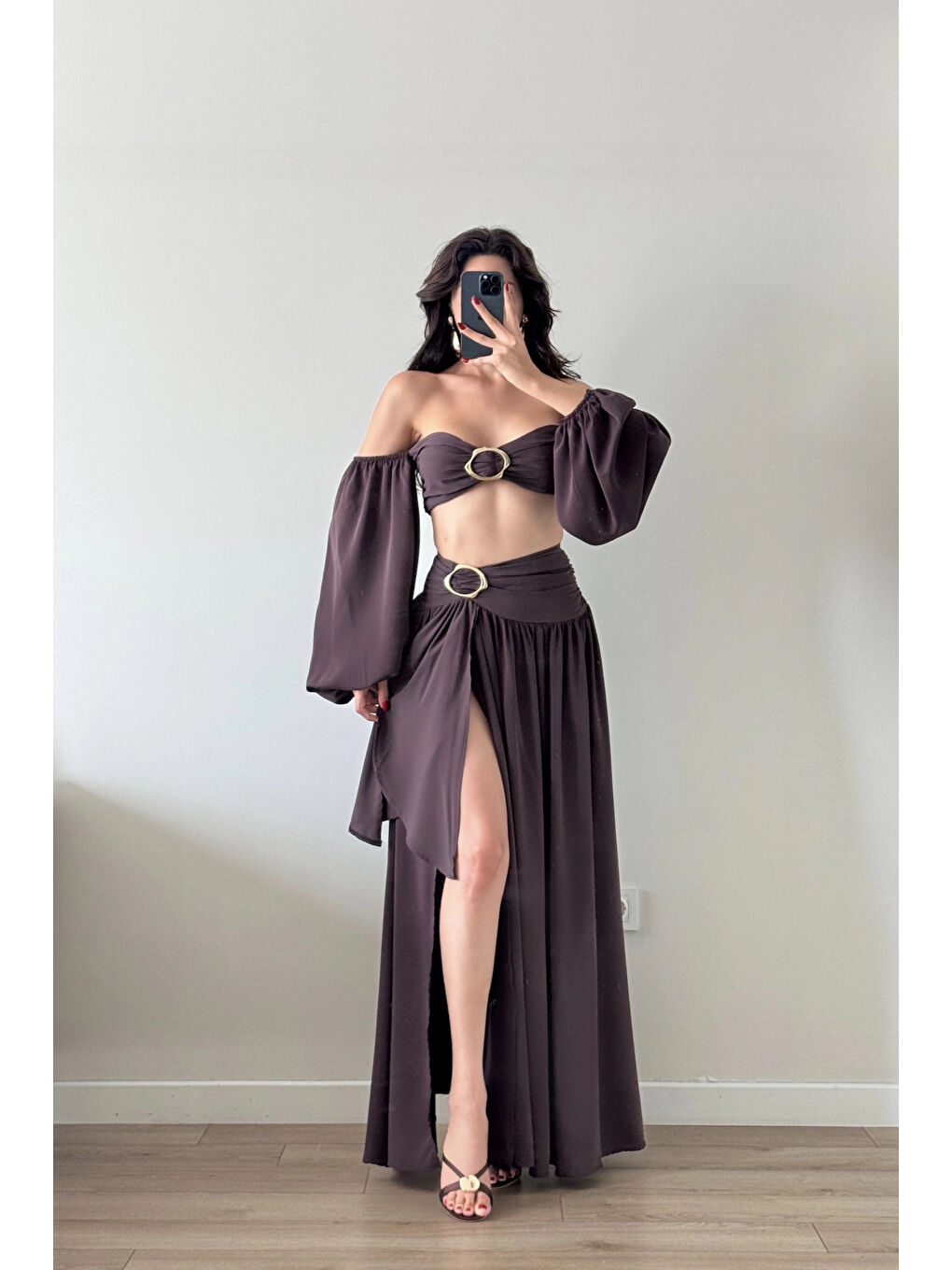 Kahverengi Kadın Kahve Crop Etek Takım 1041-3234-1