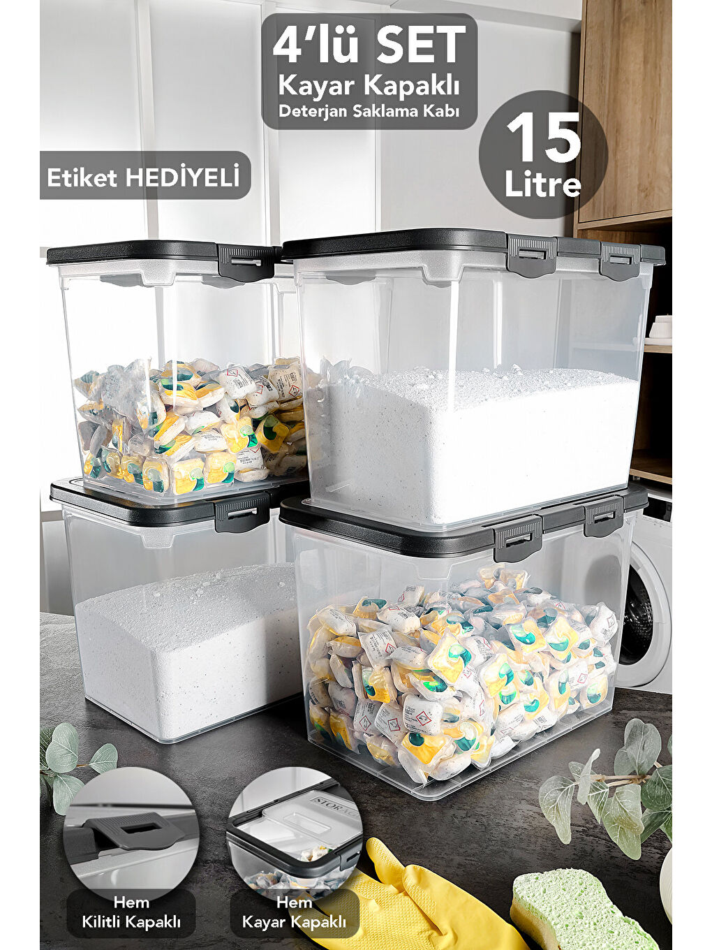 Gri 4'lü Etiketli Sürgülü Kilitli Deterjan Saklama Kutusu 15 l