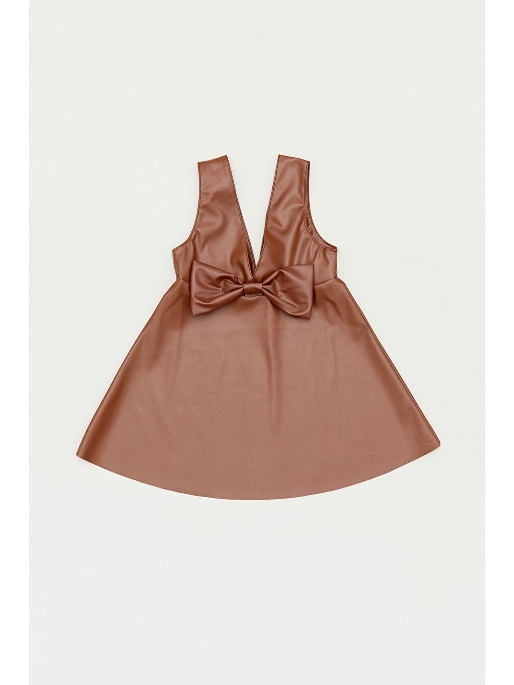 Kahverengi Suni Deri Fiyonk Detaylı  Kız Çocuk Elbise Takım-2