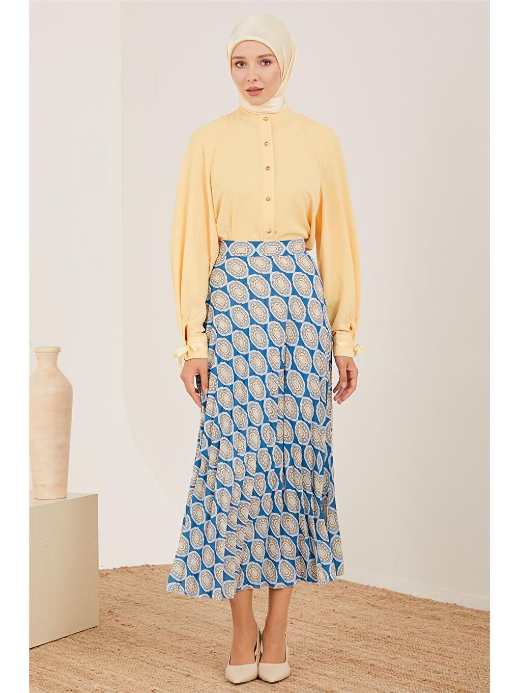 Sarı Desenli Ve Piliseli Etek 23Y1428-2