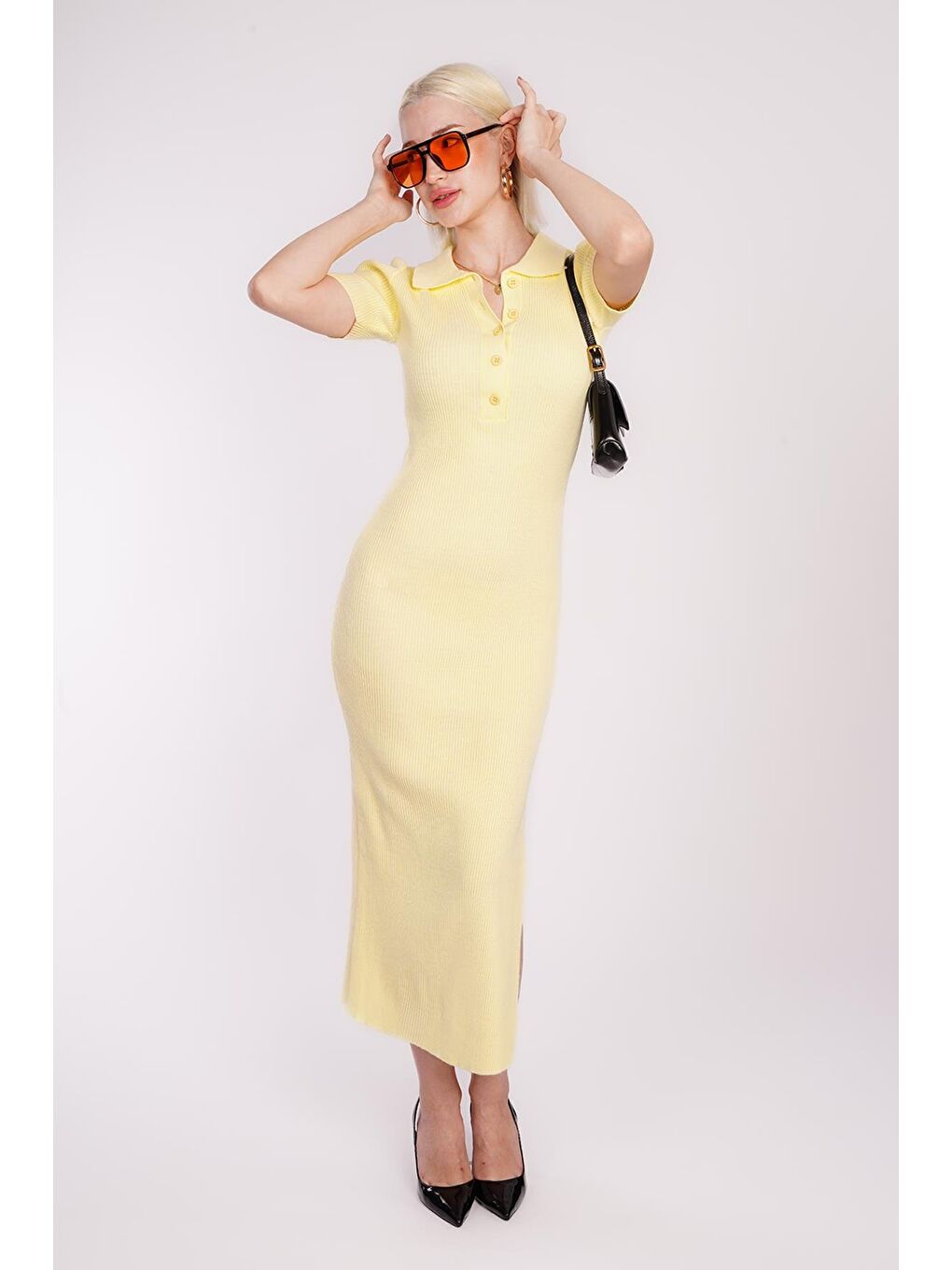 Sarı Yandan Yırtmaçlı Polo Yaka Kadın Triko Elbise Mg1480-5
