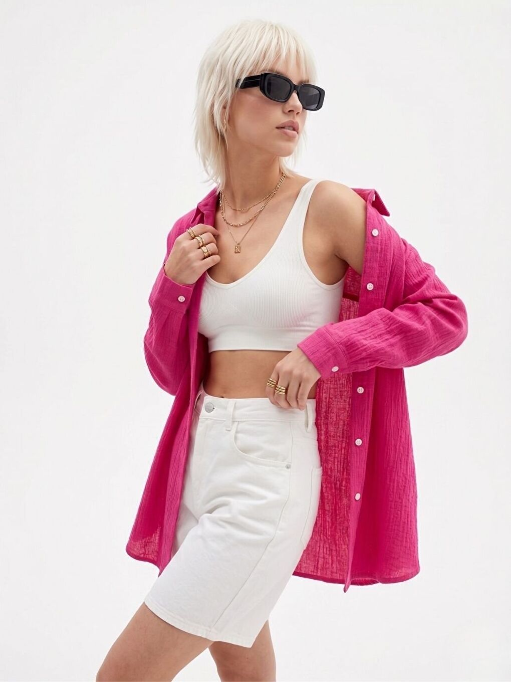 Kadın Fuşya Oversize Krinkıl Kumaş Gömlek-1