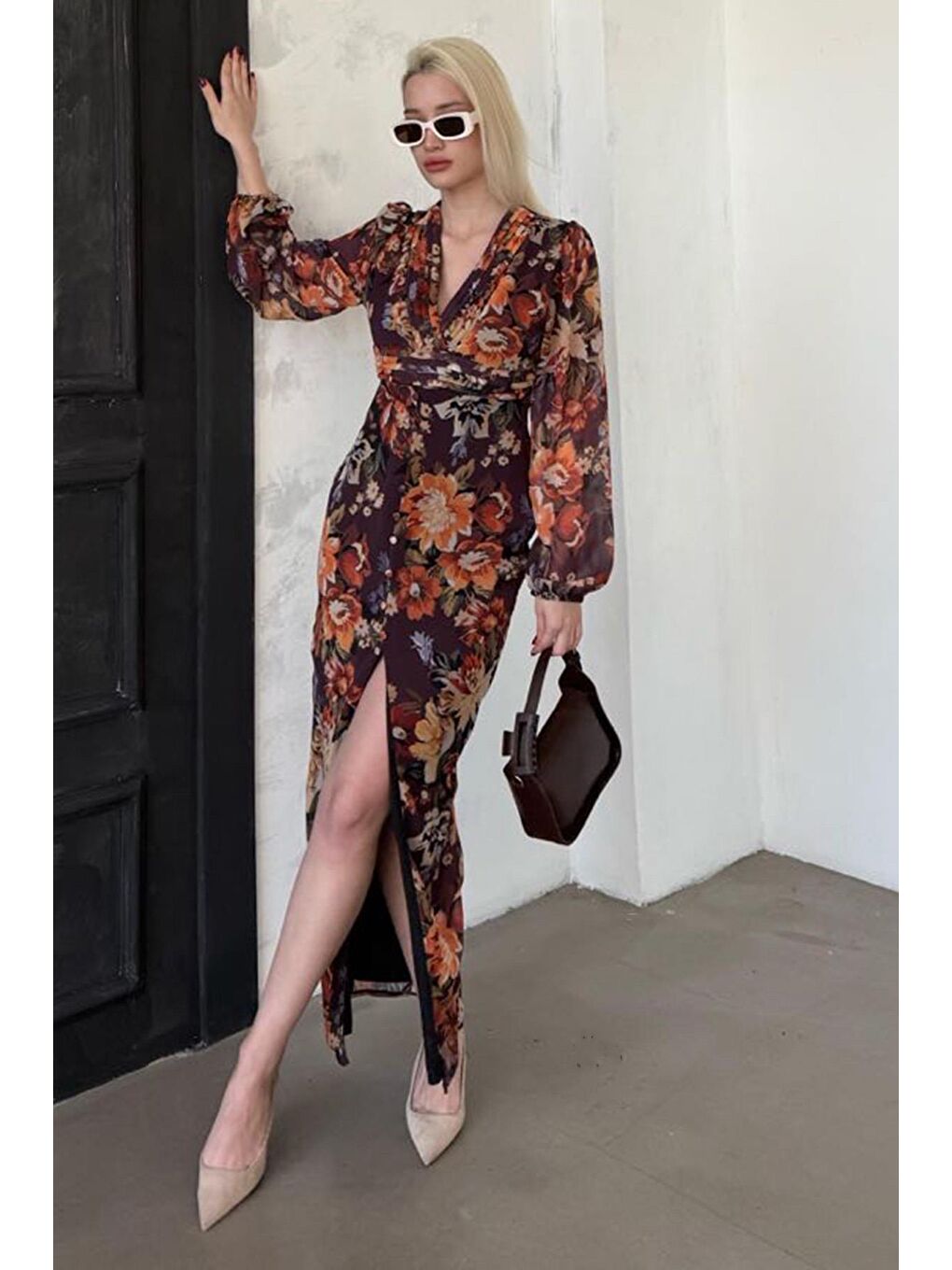 Kahverengi Çiçekli Düğme Detaylı Kadın Elbise Mg2314-3