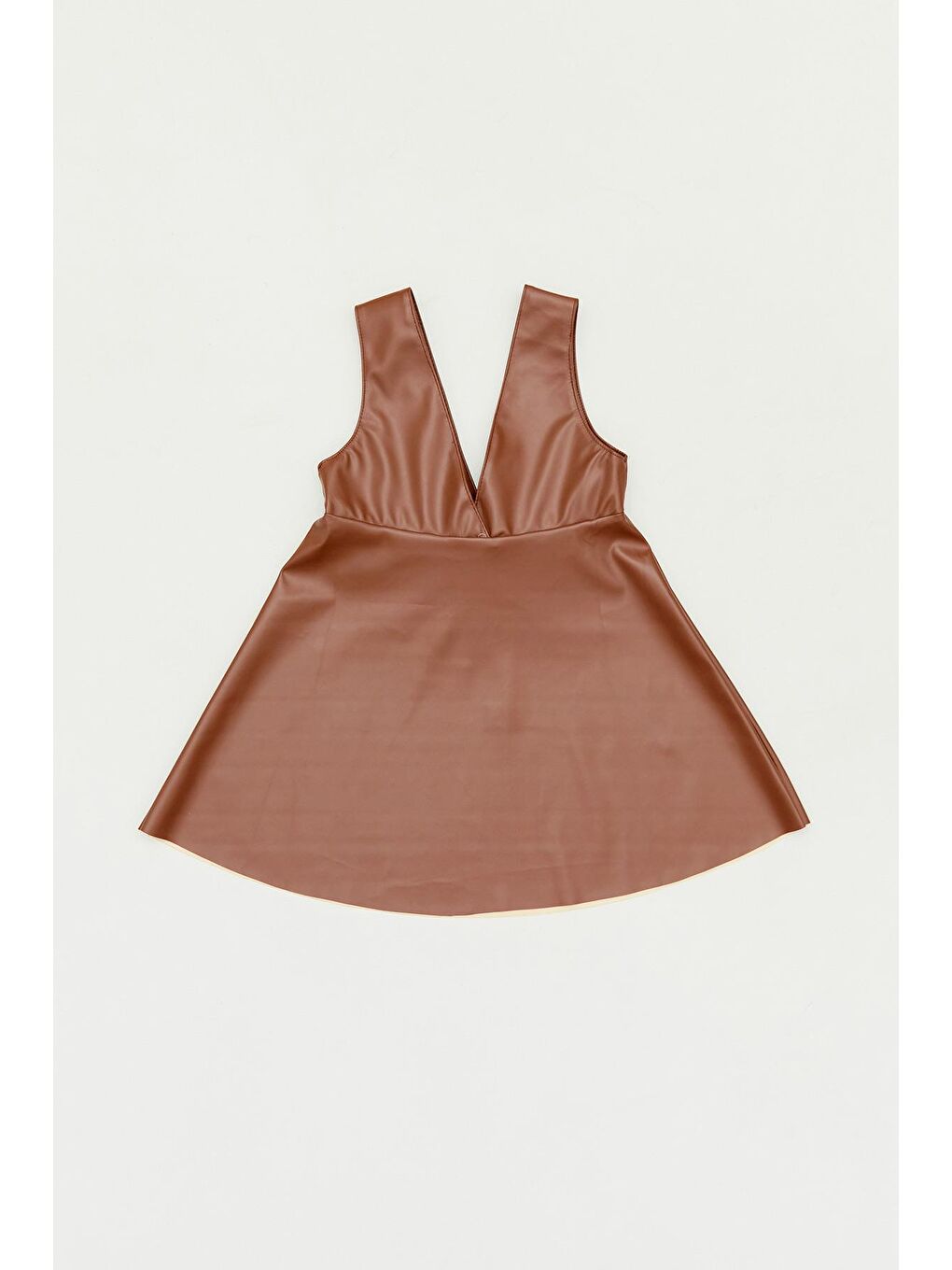 Kahverengi Suni Deri Fiyonk Detaylı  Kız Çocuk Elbise Takım-3