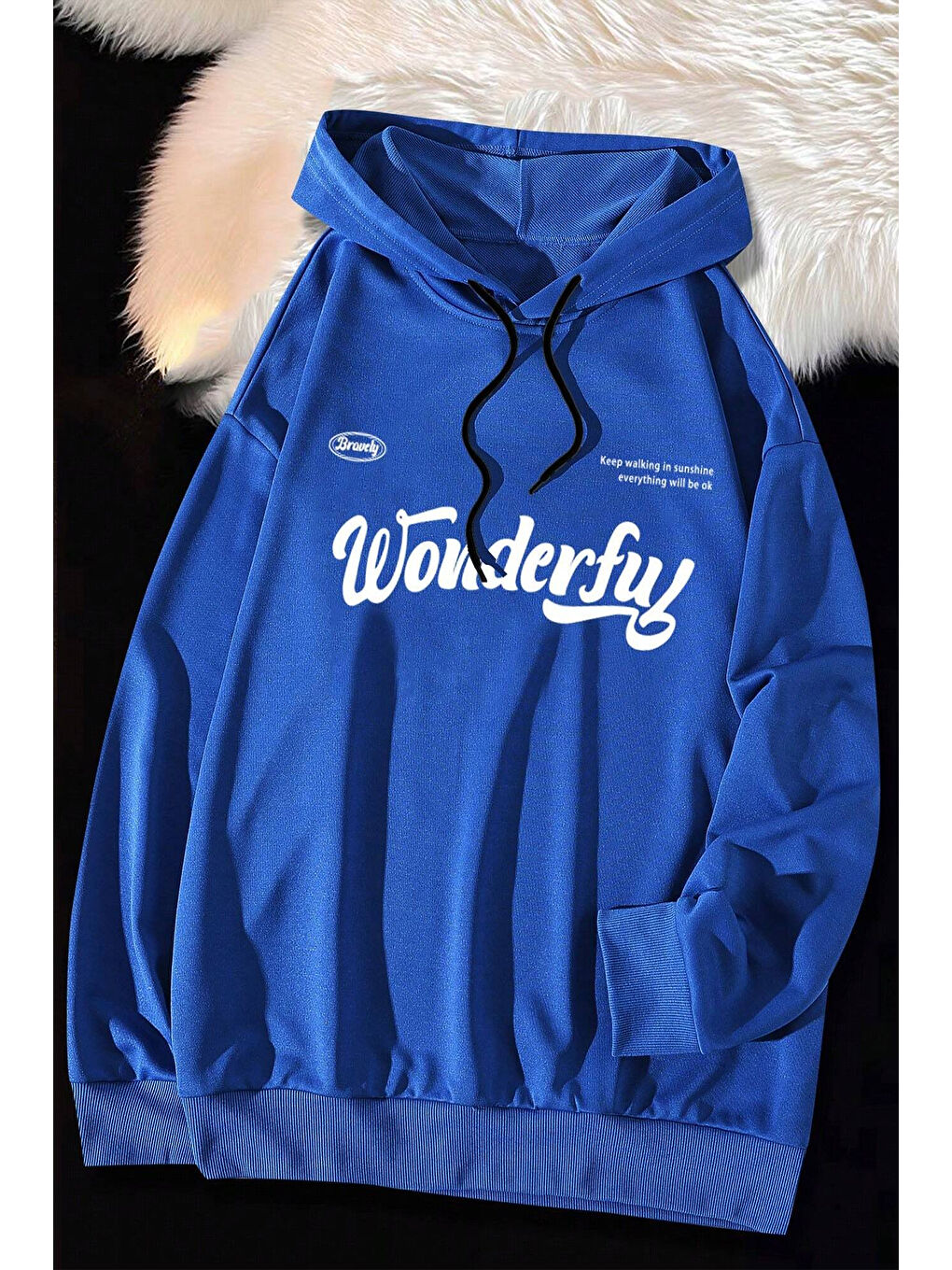 uyguntarz Mavi Wonderful Baskılı Oversize Sweatshirt