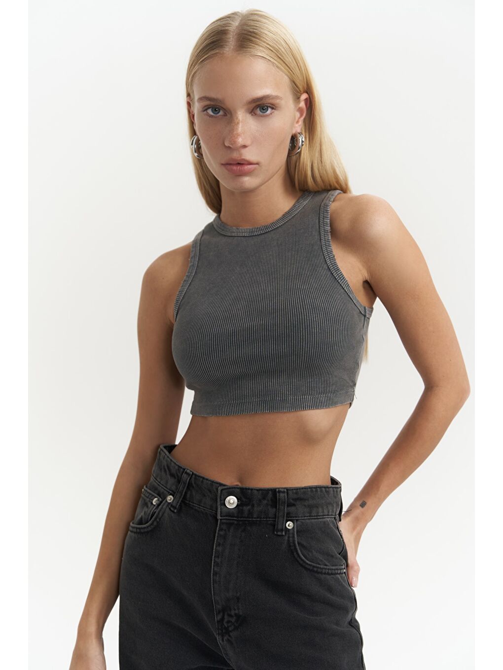 Mai Collection Gri Shoulder Füme Yıkamalı Fitilli Crop - 2