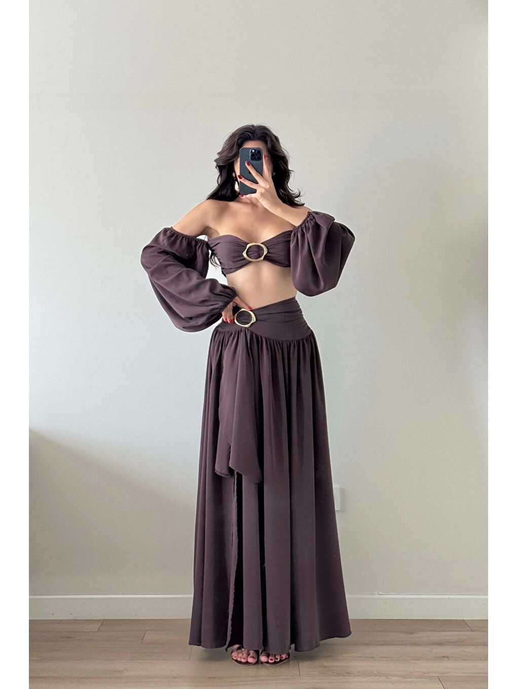 Kahverengi Kadın Kahve Crop Etek Takım 1041-3234-2