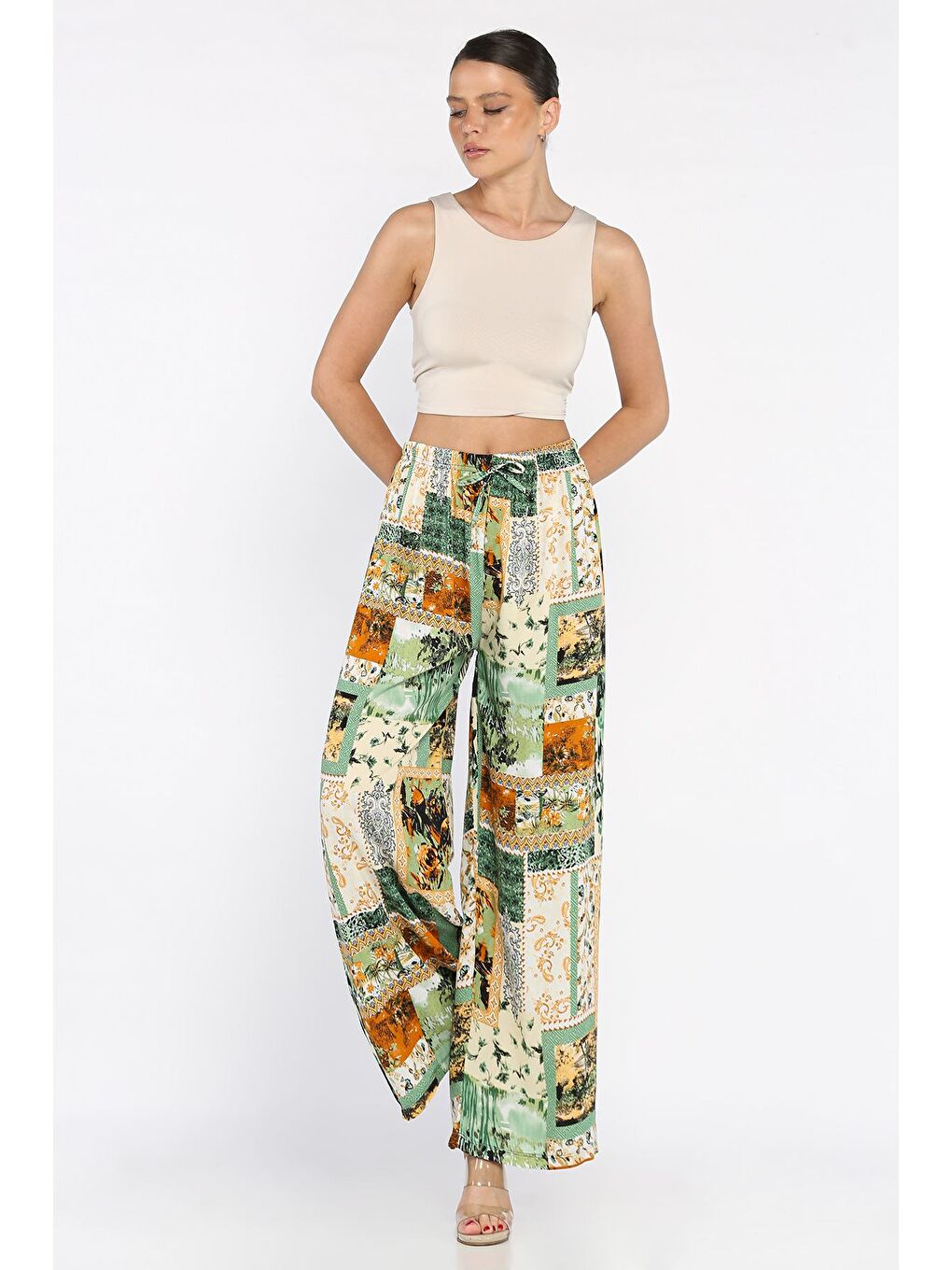 Yeşil Kadın Bel Lastikli Etnik Desenli Büyük Beden Viskon Yürüyüş Pantolonu-1