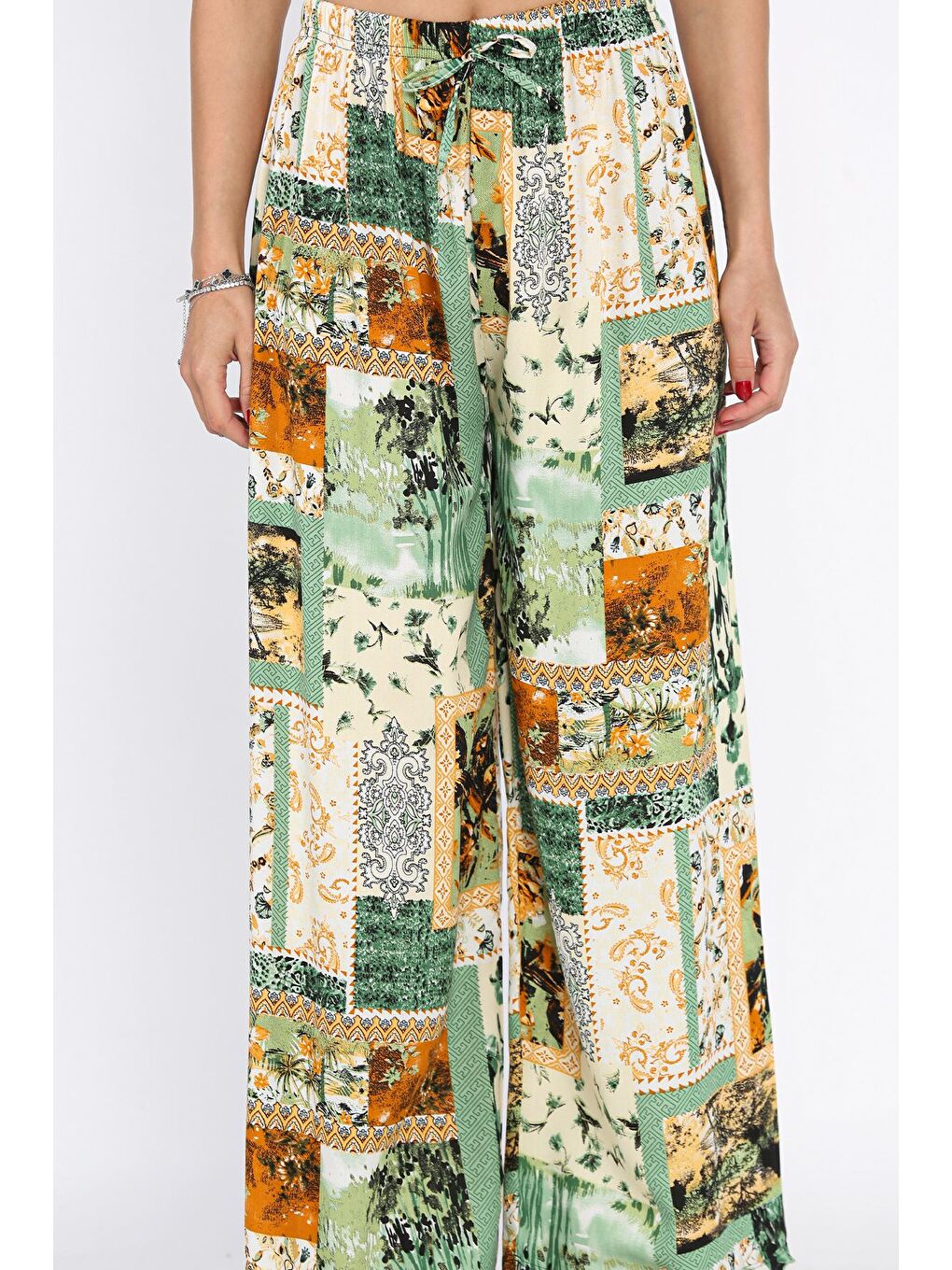 Yeşil Kadın Bel Lastikli Etnik Desenli Büyük Beden Viskon Yürüyüş Pantolonu-2