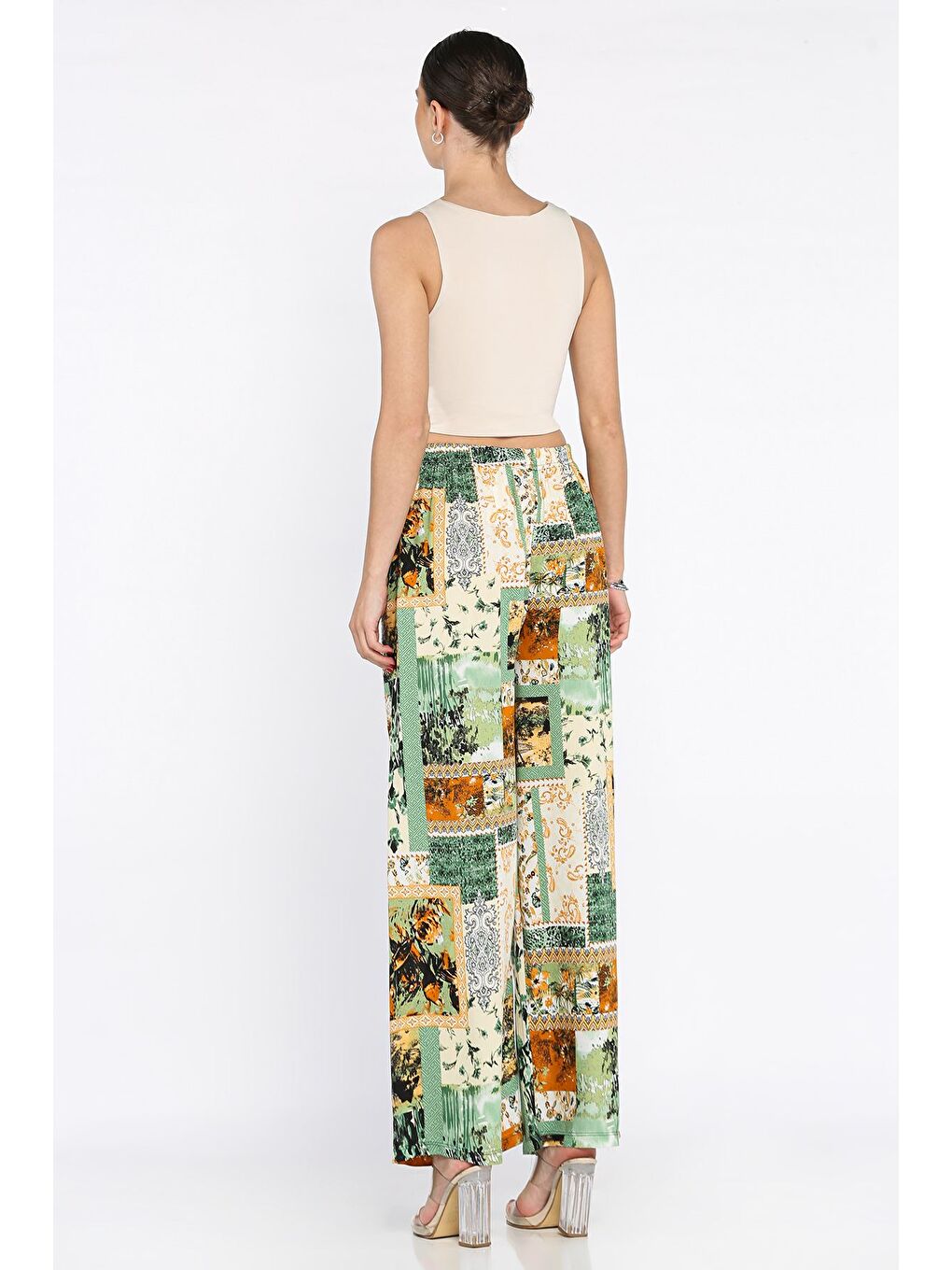 Yeşil Kadın Bel Lastikli Etnik Desenli Büyük Beden Viskon Yürüyüş Pantolonu-3