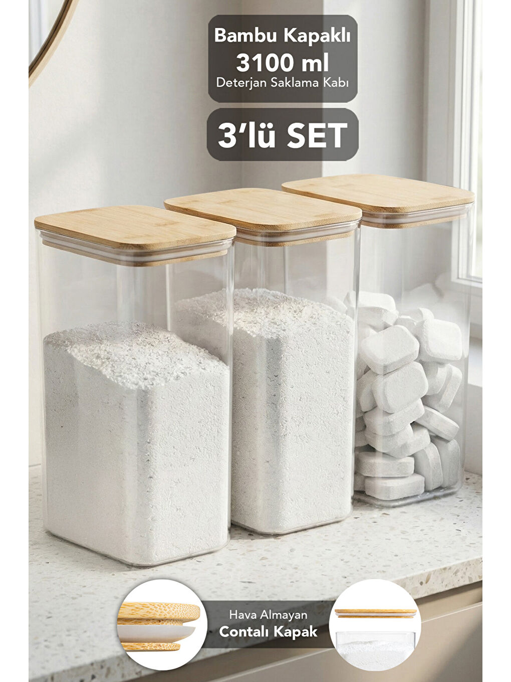 Beyaz 3 Adet Bambu Kapak Aura Deterjan Saklama Kutusu 3,1 l