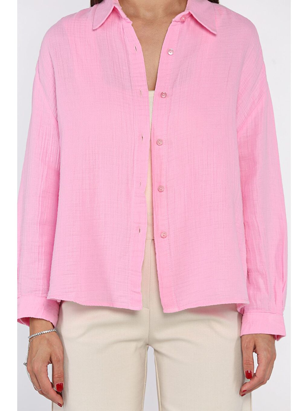 Pembe Kadın Salaş Gömlek-4