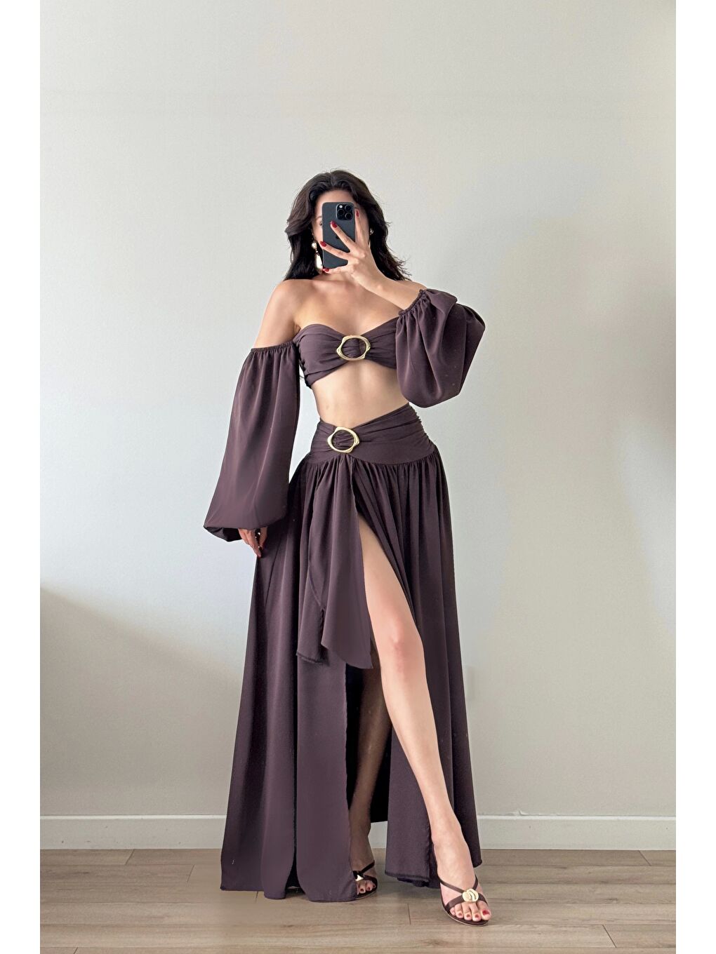 Kahverengi Kadın Kahve Crop Etek Takım 1041-3234-3