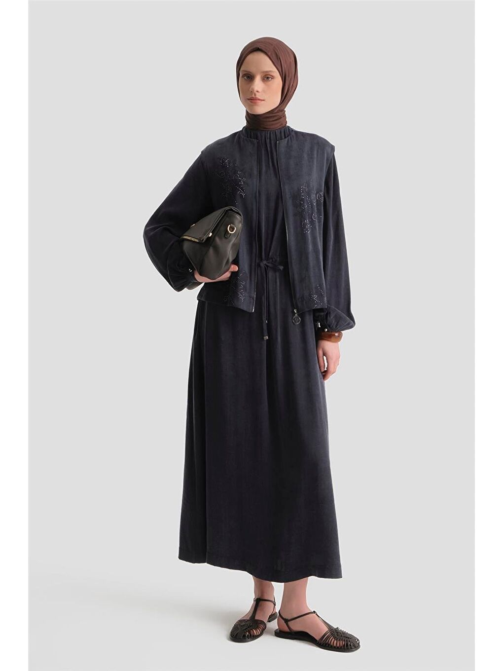 İşlemeli Yelekli Kupra Takım İndigo-5