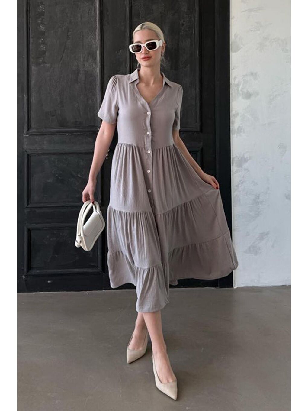 Gri Gömlek Yaka Uzun Elbise Mg1853-2
