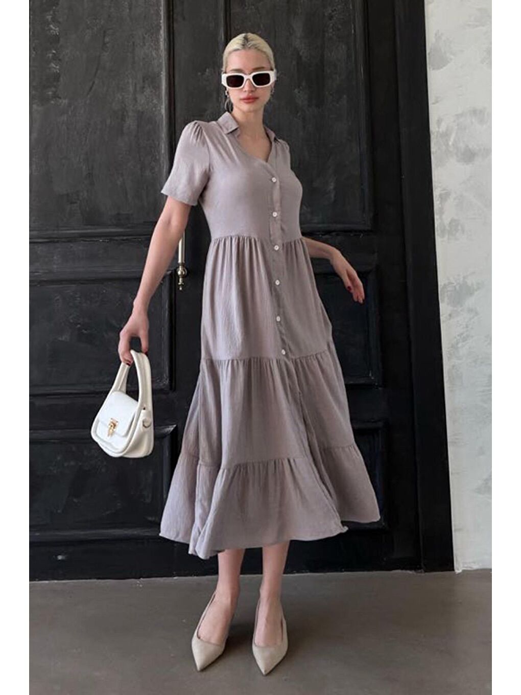 Gri Gömlek Yaka Uzun Elbise Mg1853-3