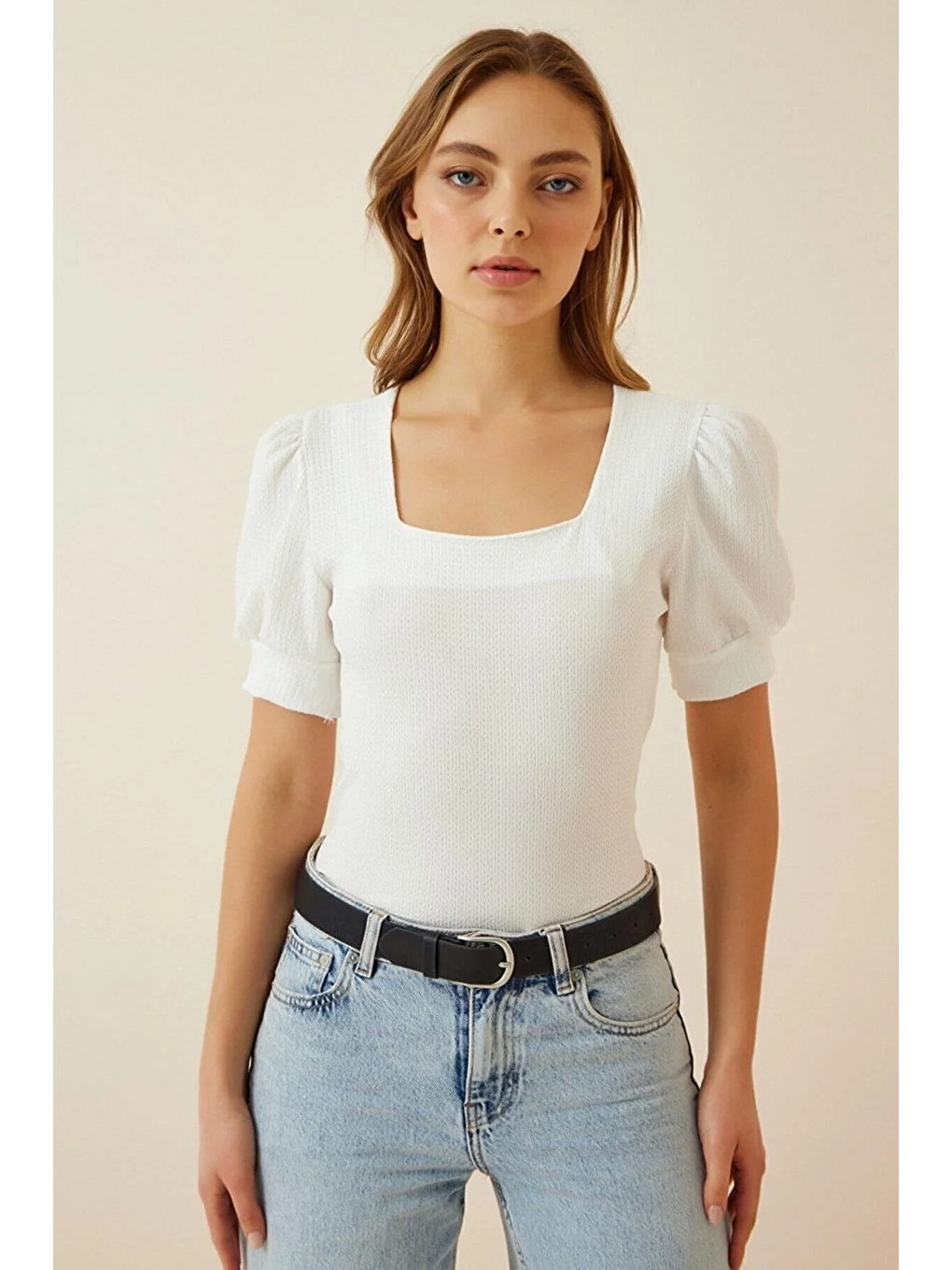 Kadın Örme Kısa Kollu Kare Yaka Basic Beyaz Bluz