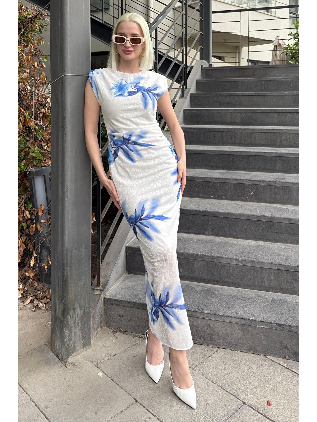 Mavi Desenli Midi Boy Kadın Elbise Mg2464