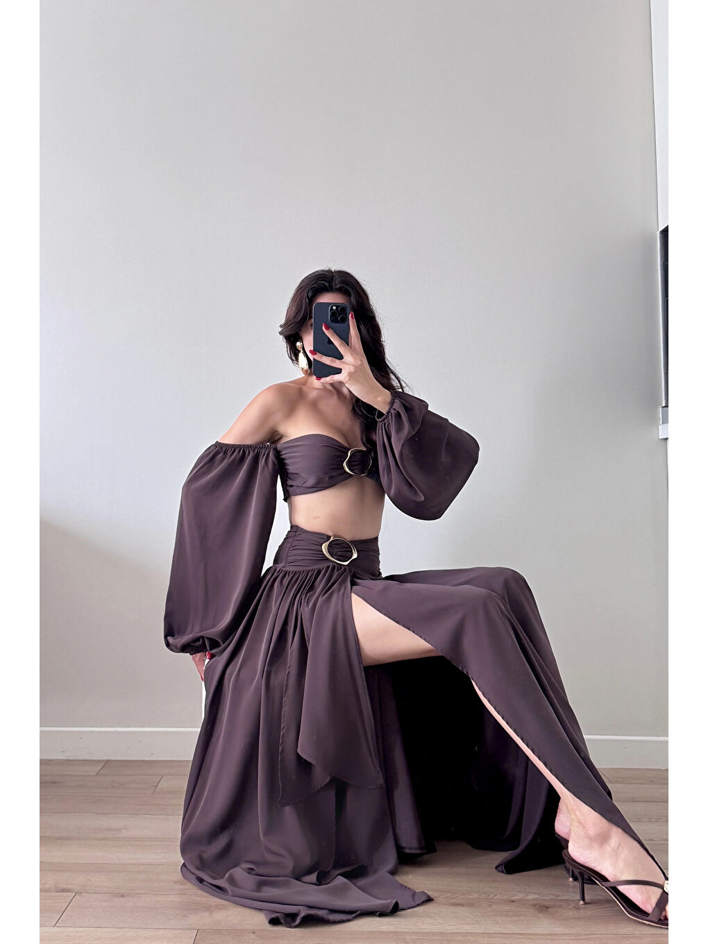 Kahverengi Kadın Kahve Crop Etek Takım 1041-3234-5