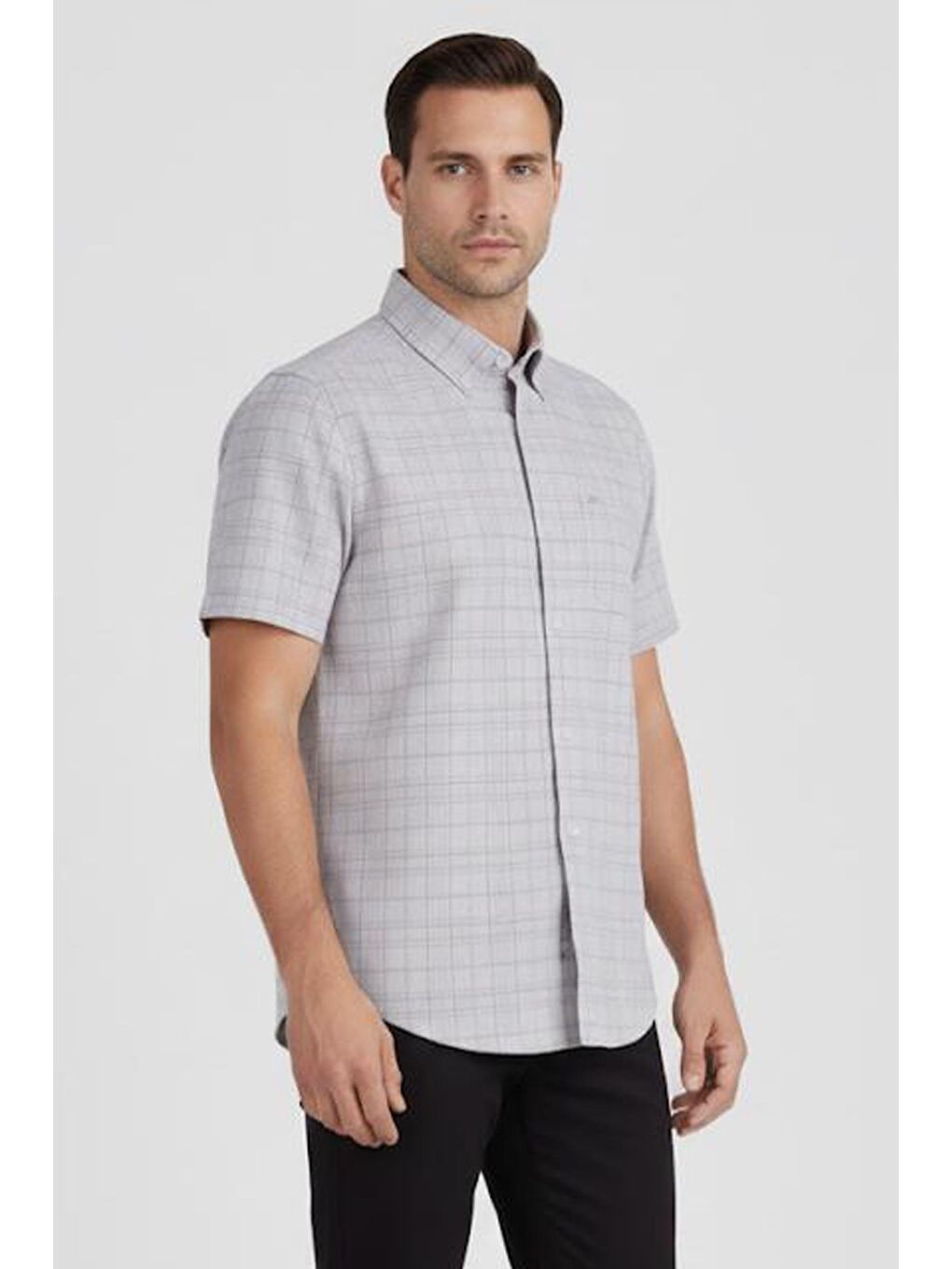 Erkek Bej Kısa Kollu Ekose Desenli Pamuk Gömlek – Düğmeli Yaka-1