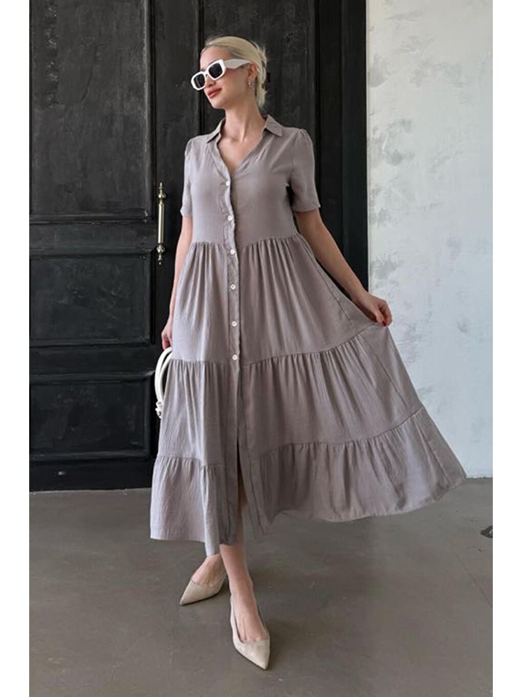 Gri Gömlek Yaka Uzun Elbise Mg1853-4