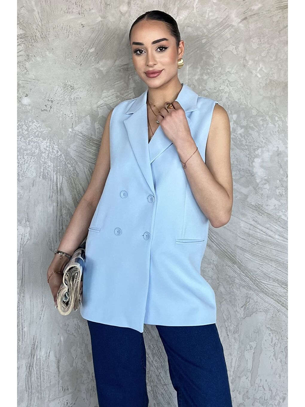 Mavi Kruvaze Yaka Astarlı Kadın Yelek