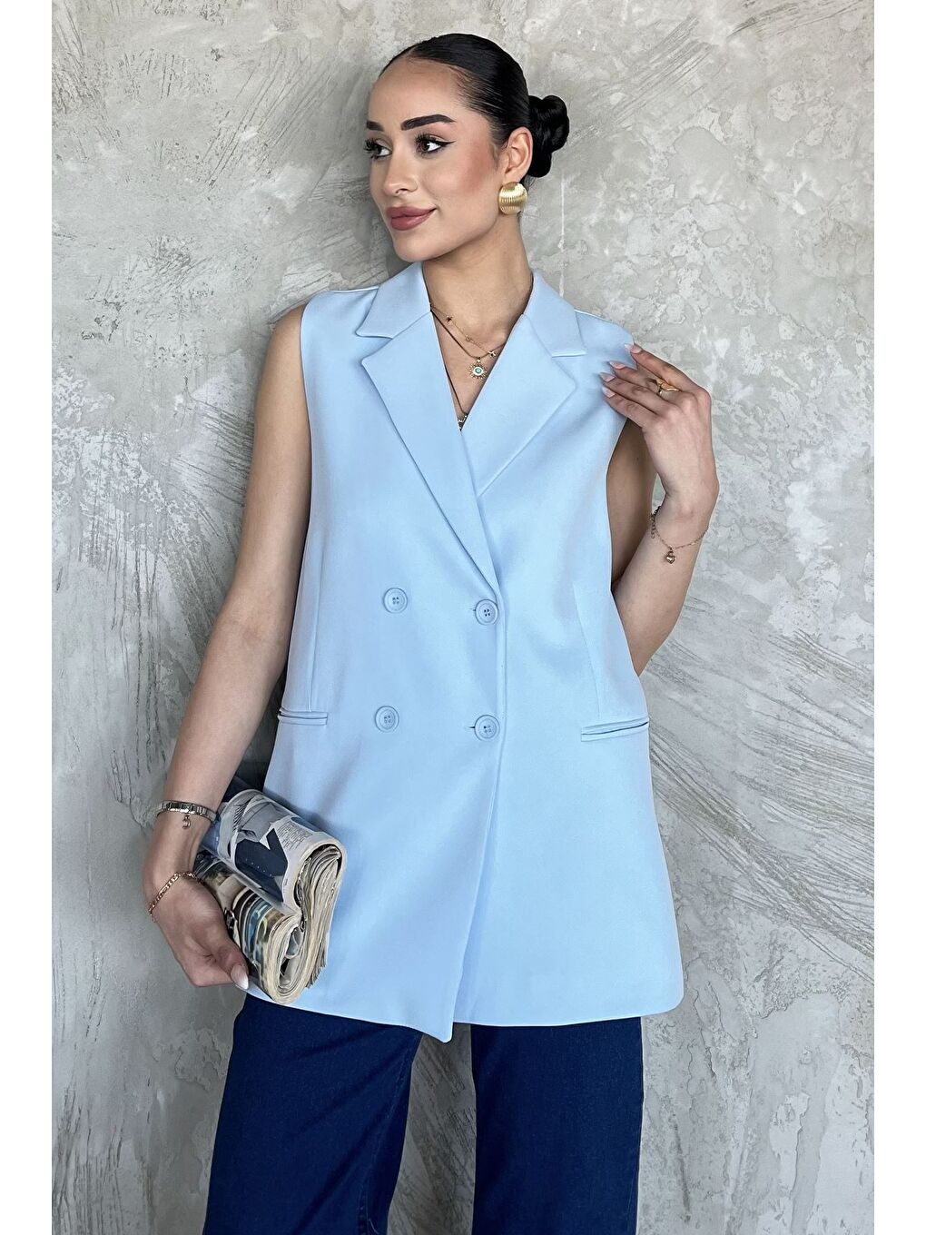 Mavi Kruvaze Yaka Astarlı Kadın Yelek-1
