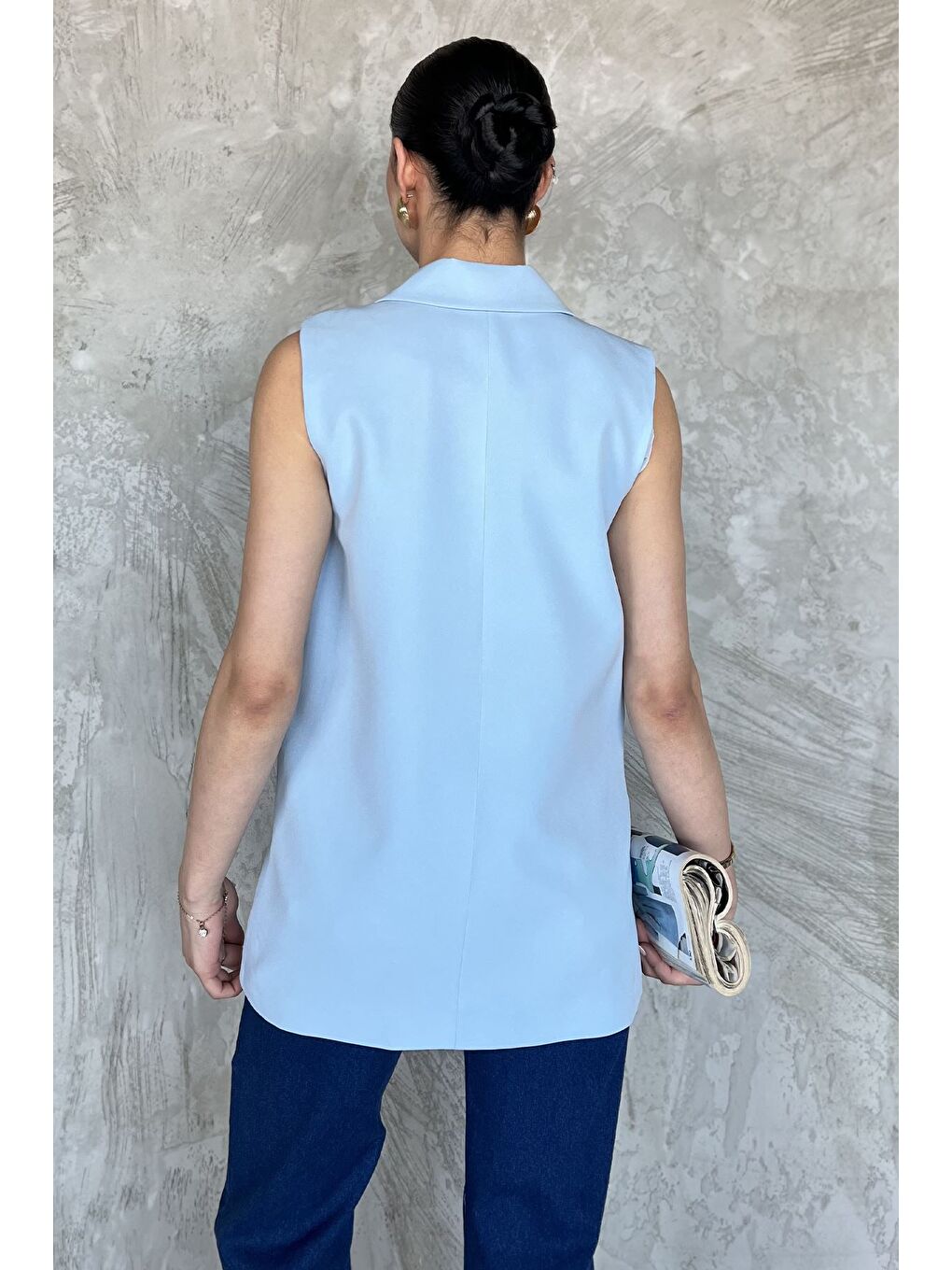 Mavi Kruvaze Yaka Astarlı Kadın Yelek-2