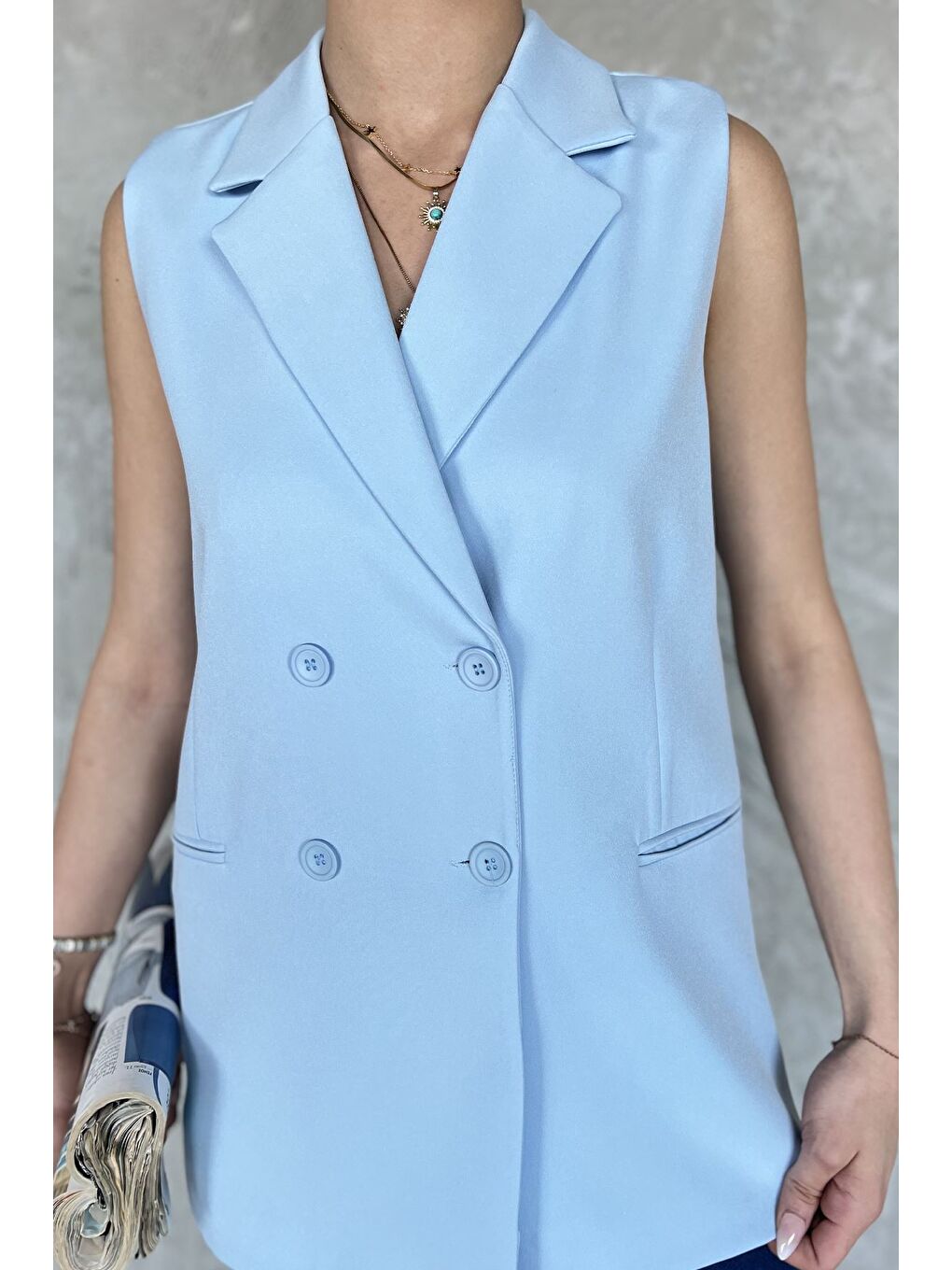 Mavi Kruvaze Yaka Astarlı Kadın Yelek-3