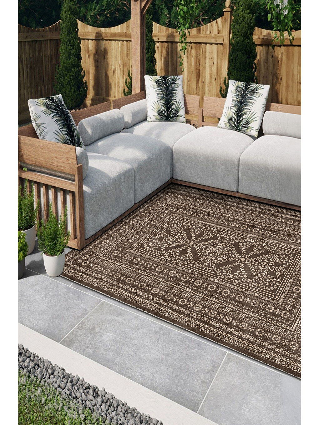 Kahverengi Dekoratif Salon Halısı, Makinada Yıkanabilir, Kaymaz Taban, İnce & Modern Tasarım-1