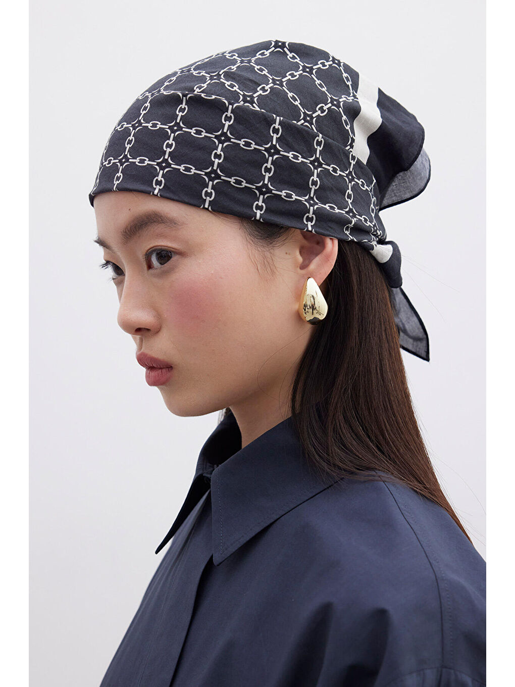 Desenli Pamuklu Fular Monogram-Lacivert-1