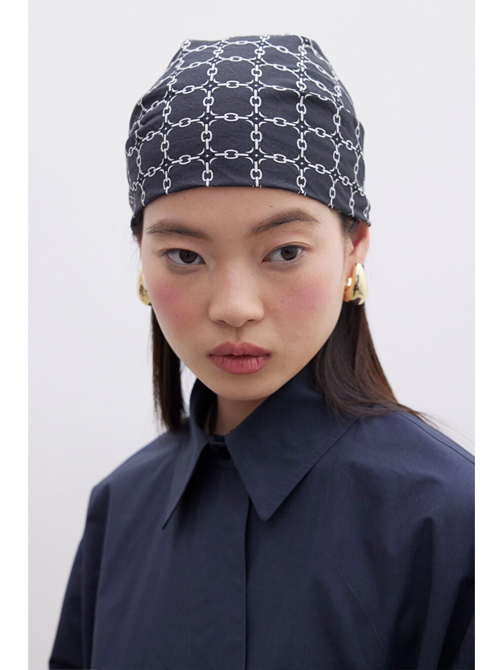 Desenli Pamuklu Fular Monogram-Lacivert-2