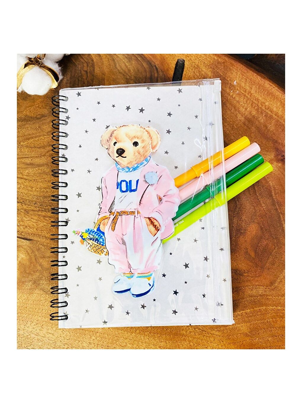 BAM HEDİYELİK EŞYA Pink Bear Tasarımlı Çanta Kapaklı Spiralli Defter