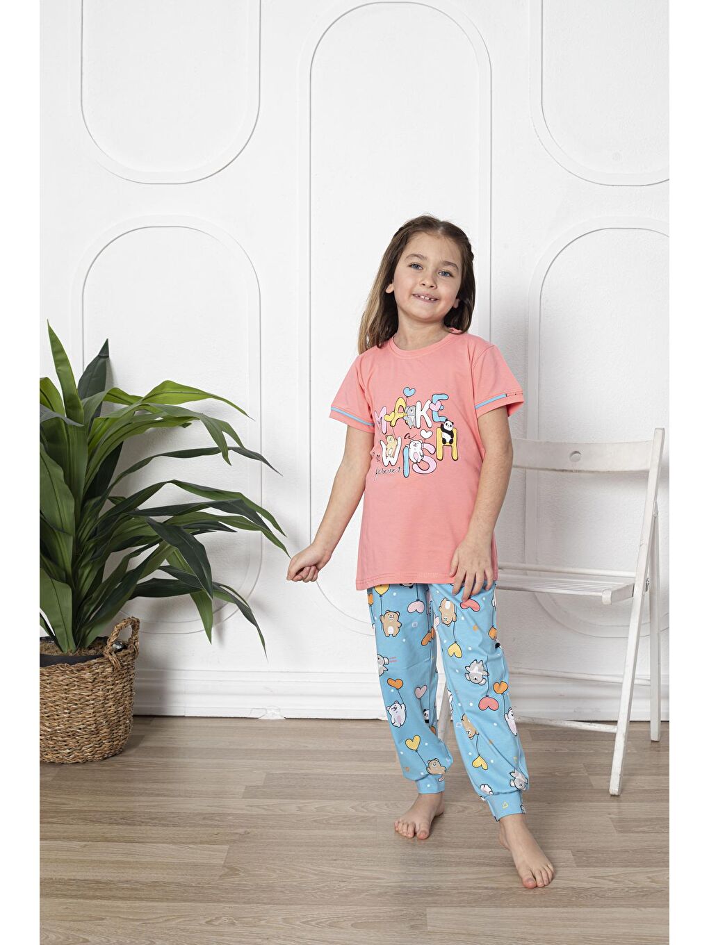 Kapi Kids Pembe-Somon Kız Çocuk Make Wish Pandacık Baskılı Pijama Takımı 11-15 Yaş 6080