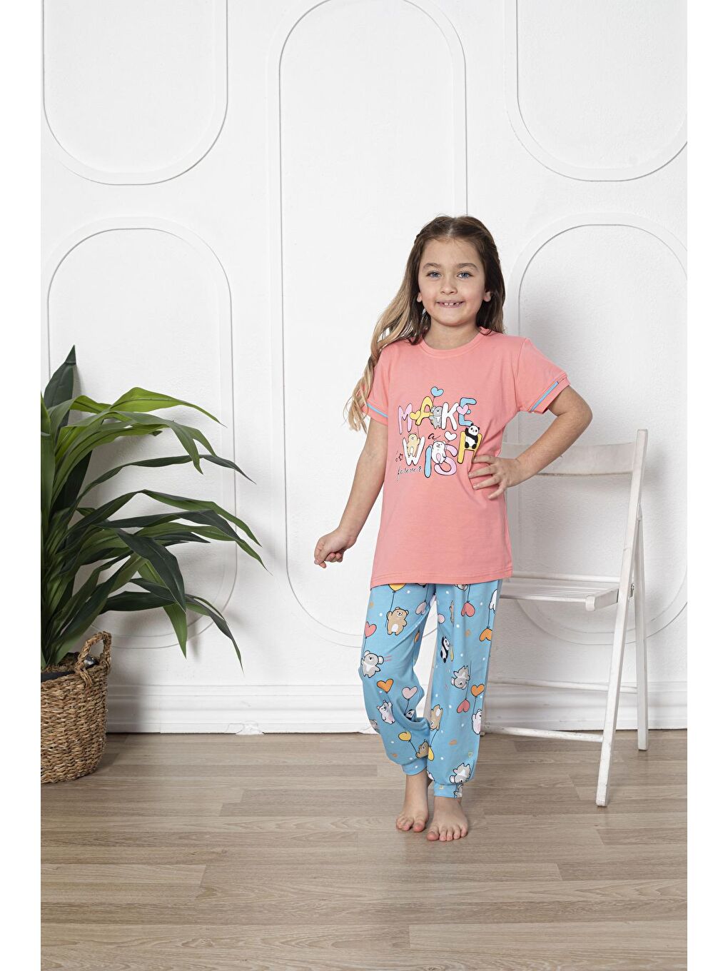 Kapi Kids Pembe-Somon Kız Çocuk Make Wish Pandacık Baskılı Pijama Takımı 11-15 Yaş 6080 - 1