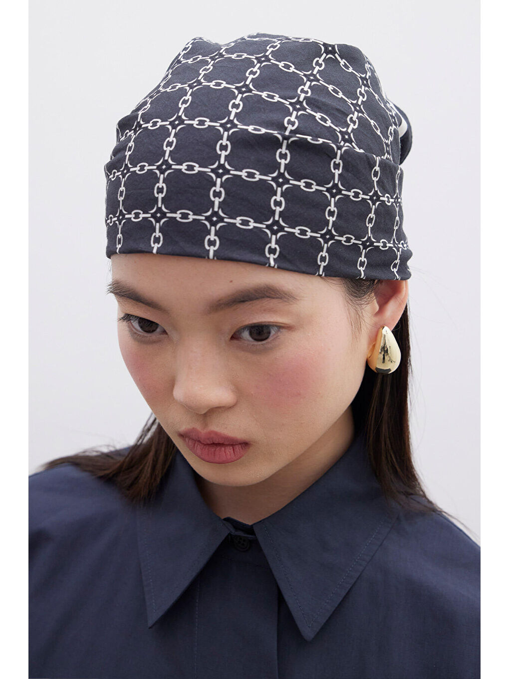 Desenli Pamuklu Fular Monogram-Lacivert-3