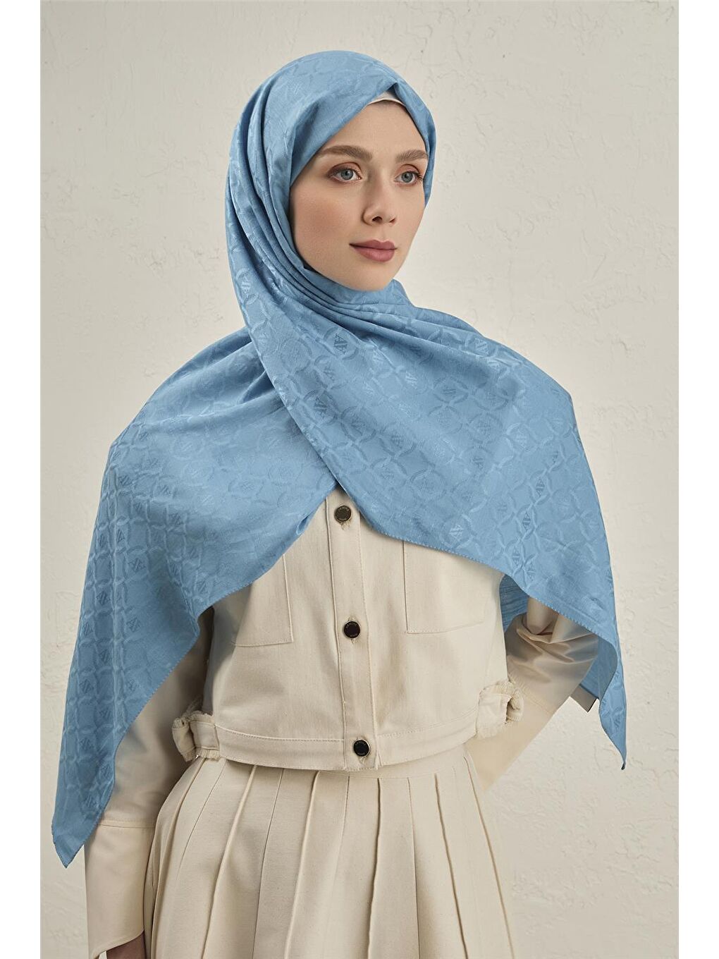 Mavi Pamuk Floş Monogram Zincir Şal 1 25-1