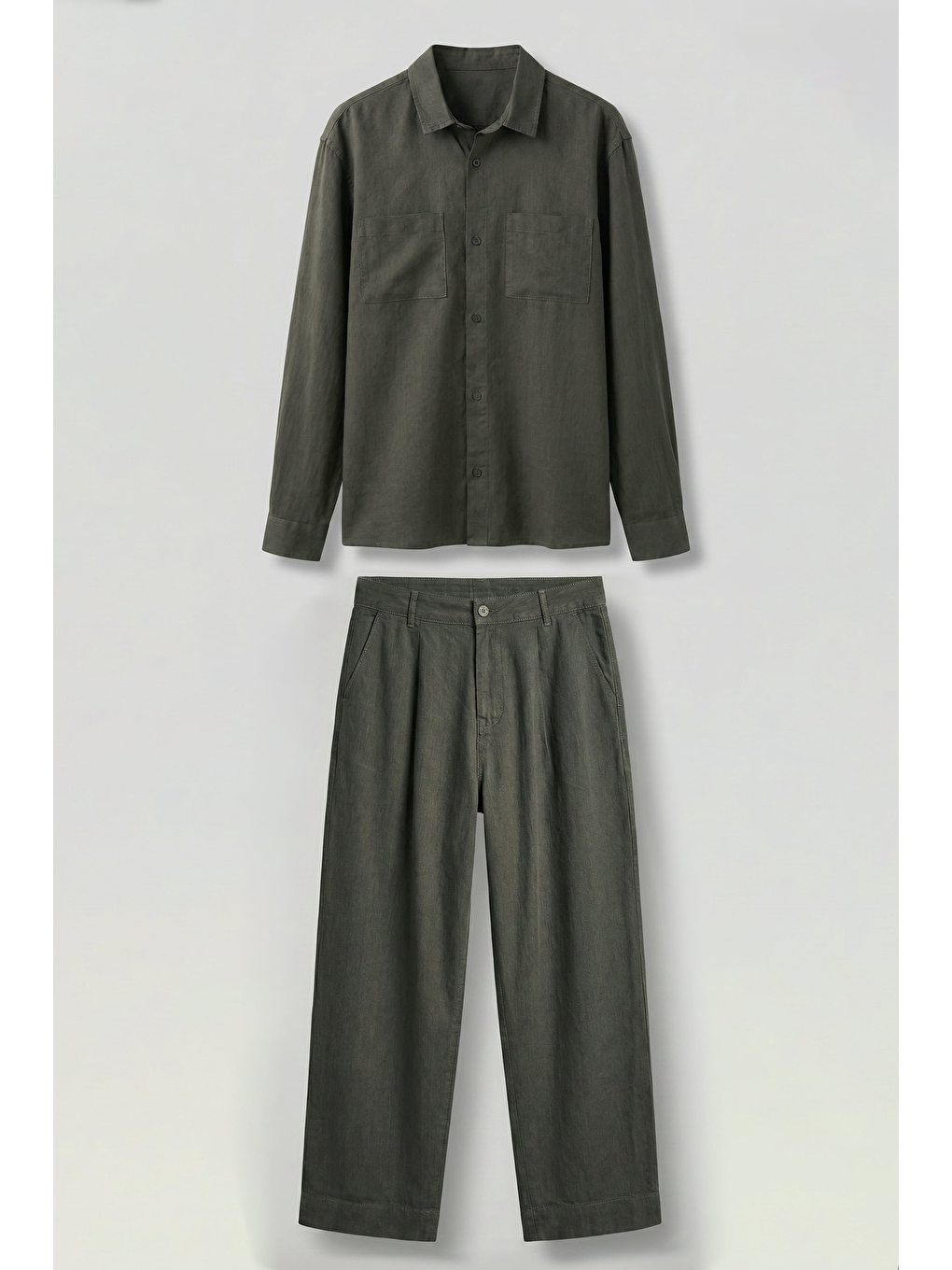 Erkek Bol Kesim Gömlek Pantolon Keten İkili Takım Haki